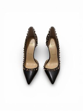 Christian Louboutin Black Leather Pointed Pumps with Gold Studs and Red Sole